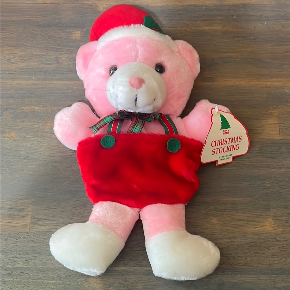VINTAGE Pink and Red Christmas Stocking Teddy Bear 1990